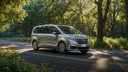 A silver minivan driving down a wooded road surrounded by lush green trees. The minivan appears to be in motion, and the setting suggests a scenic rural or suburban environment.