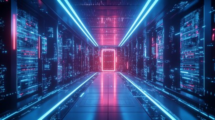 Fototapeta premium A futuristic gateway to digital infrastructure with neon lines on a dark background. Perfect for tech, AI, and innovation-themed projects.