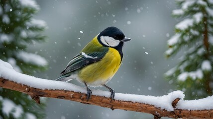 Naklejka premium Colorful Great Tit Perched on a Branch in a Snowy Forest
