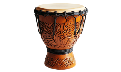 Carved wooden drum, ethnic design, isolated