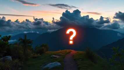 a scenic mountain path at dusk with a glowing question mark hovering in the middle of the path, surrounded by lush vegetation and dramatic clouds in the sky