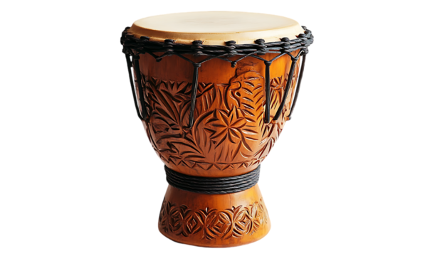 Carved wooden drum, ethnic design, isolated