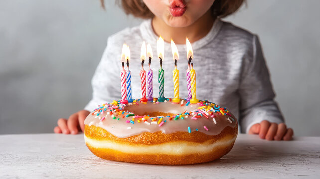 Child blowing out candles on colorful donut cake, celebrating joyfully, Happy Birthday Anniversary Theme.