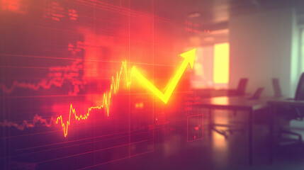 Glowing upward arrow graph on digital screen symbolizing positive company growth and future outlook, representing business success and financial progress.