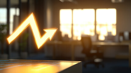 Glowing upward arrow graph on digital screen symbolizing positive company growth and future outlook, representing business success and financial progress.
