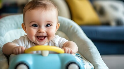Happy Baby Smiling While Playing with Toy Car in Bright Room
