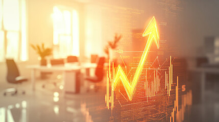 Glowing upward arrow graph on digital screen symbolizing positive company growth and future outlook, representing business success and financial progress.