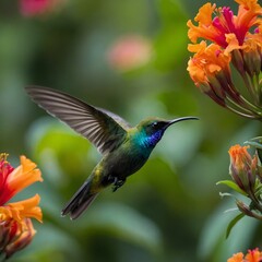 Fototapeta premium Agile Sun bird Hovering and Flitting Among the Blossoms of a Tropical Paradise