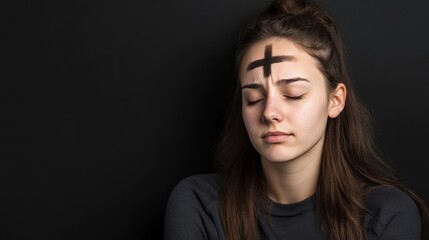 Fototapeta premium Caucasian Woman with Ash Cross on Forehead for Ash Wednesday, Eyes Closed in Reflection, Black Background, Spiritual Tradition of Lent, Religious Faith Observance and Devotional Practice