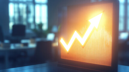 Glowing upward arrow graph on digital screen symbolizing positive company growth and future outlook, representing business success and financial progress.