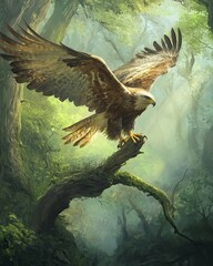 Fototapeta premium Majestic Eagle in Forest: A stunning eagle, captured mid-flight with powerful wings outstretched, perches regally on a moss-covered branch within a dense, mystical forest.