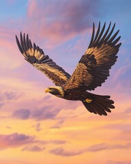 Obraz premium Soaring Eagle Against Sky: A majestic eagle with its wings fully extended soars effortlessly against a vibrant, colorful sky filled with clouds, capturing a sense of freedom and power.