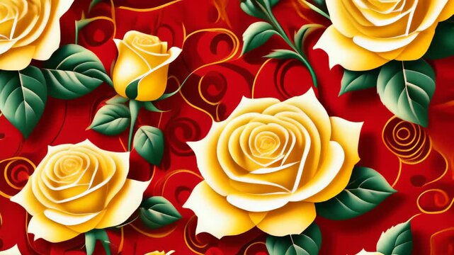 Bright yellow roses bloom against a rich red background, showcasing vibrant floral artistry and design
