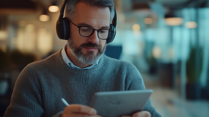 Focused businessman wearing headphones using tablet and stylus in modern office