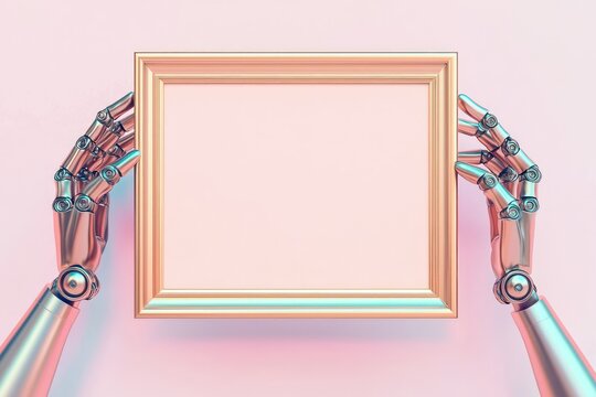 Dynamic presentation of a rose-gold frame by robotic fingers, elegantly on a clean pastel backdrop.