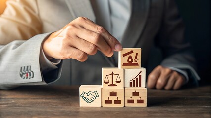 Businessman hand pulling out or placing wood, Building corporate governance structure, Business man building a project, Businessman stacking wooden block