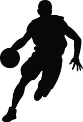 Silhouette of a basketball player dribbling the ball in action, captured in a dynamic and energetic pose