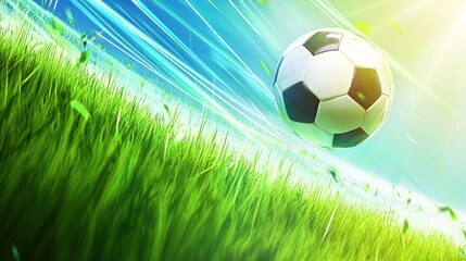 Soccer ball flying through vibrant grass field