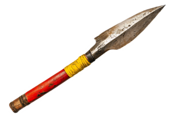 Ancient spearhead, historical weapon, isolated on black background, possible for historical reenactment or museum display