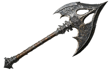 Fantasy weapon, ornate axe, isolated on black background, potential use in game art or design