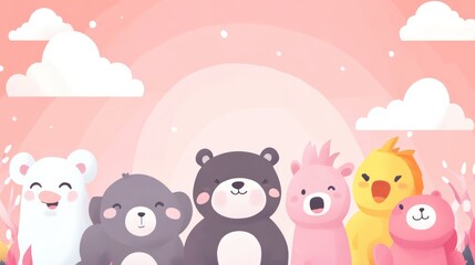 Naklejka premium Cute cartoon animals, bears, and a chicken in a pastel landscape.