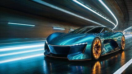 Fototapeta premium A futuristic electric car driving through a tunnel. The car is primarily blue with glowing green wheels, creating a dramatic effect as it moves.