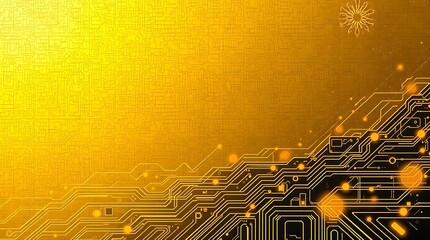 gold textured background illustration in a futuristic sci-fi style.  Advanced technology is depicted through intricate circuitry and glowing components.  Space elements include distant nebulae and sta