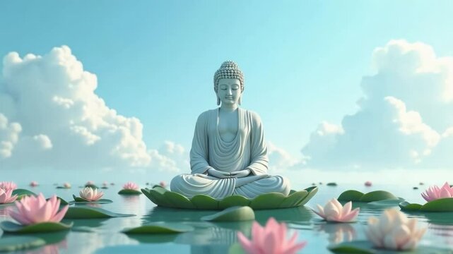 A Buddha statue sits in a meditation pose, surrounded by serene air and lotus flowers. The bright blue sky and white clouds in the background create a peaceful and calming spiritual atmosphere