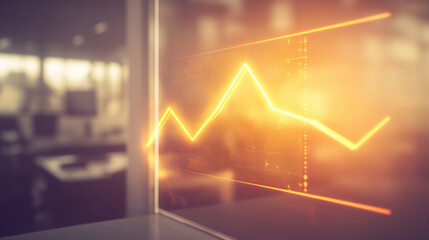 Glowing upward arrow graph on digital screen symbolizing positive company growth and future outlook, representing business success and financial progress.