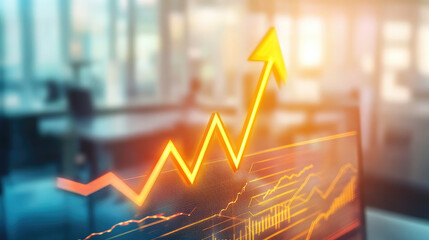 Glowing upward arrow graph on digital screen symbolizing positive company growth and future outlook, representing business success and financial progress.