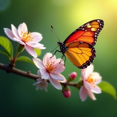 Vibrant butterfly resting on blooming tree branch in springtime garden, wildlife, close-up