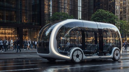 Obraz premium A futuristic, sleek, transparent bus with a silver exterior, parked on a city street with a blurred background of buildings and lights.