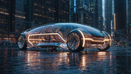 A transparent body, glowing lights, and a cityscape in the background. The car has a modern, futuristic design, with sharp lines and a low profile, suggesting advanced technology