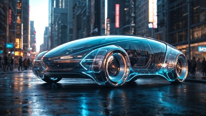A futuristic concept car with sleek, aerodynamic design, glowing blue accents, and transparent elements. The car is in a cityscape setting with a blurred background, suggesting motion.