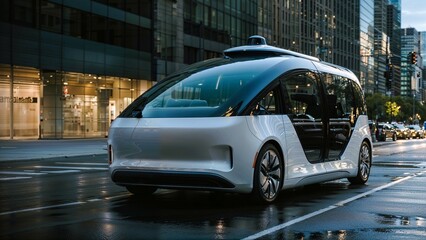 A white self-driving car on a city street with tall buildings in the background. The car has no visible steering wheel, pedals, or other manual controls