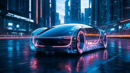 A futuristic car with glowing blue lights against a backdrop of a cityscape at night. The car has a low, aerodynamic design with sharp lines and a glossy finish, showcasing advanced technology