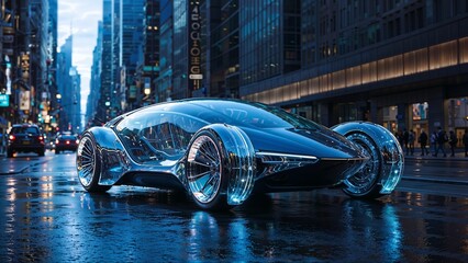 A futuristic, sleek, transparent car driving down a wet city street at night. The car has a unique, modern design with illuminated elements.