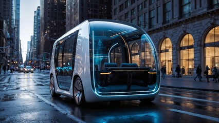 A futuristic electric bus with sleek, modern design elements. The bus is white and has a smooth, aerodynamic shape with large windows and a futuristic appearance. It is situated on a city street 