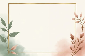 A gentle transition of sage green and dusty rose with artistic leaves and floral accents. The blank space for wedding details is framed with a soft champagne gold border. 