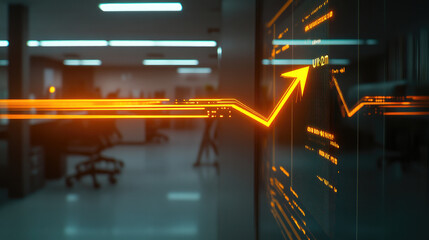 Glowing upward arrow graph on digital screen symbolizing positive company growth and future outlook, representing business success and financial progress.