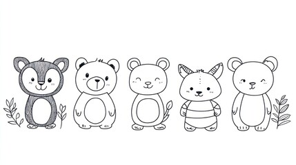 Obraz premium Cute cartoon animals, black and white line art, various bear and squirrel designs, outlined illustration, children's coloring book, simple drawings, nature theme, graphic elements.