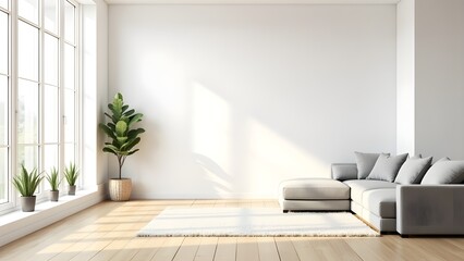 AI GENERATE, minimalist style  living room with light wooden floors, white walls, perspective of interior design