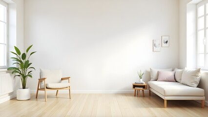 AI GENERATE, minimalist style  living room with light wooden floors, white walls, perspective of interior design