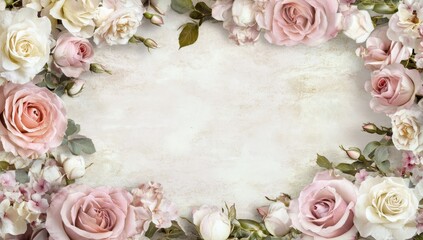 Valentine's Day Backdrop, pink and white roses framing the edges of the photo backdrop with a solid light pastel color background for photography.