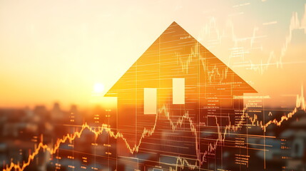 House price index showing growth at sunset over city skyline