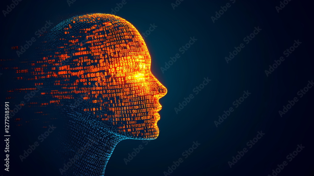 Aufkleber Artificial intelligence, human head emerging from binary code data stream