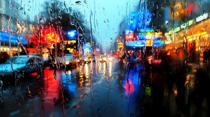 Obraz premium Rain falling on window with city lights blurred in background