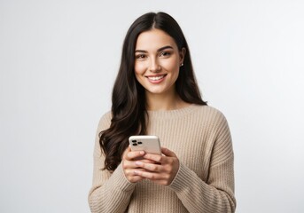 young woman long dark hair beige sweater holding smartphone cheerful smile white background