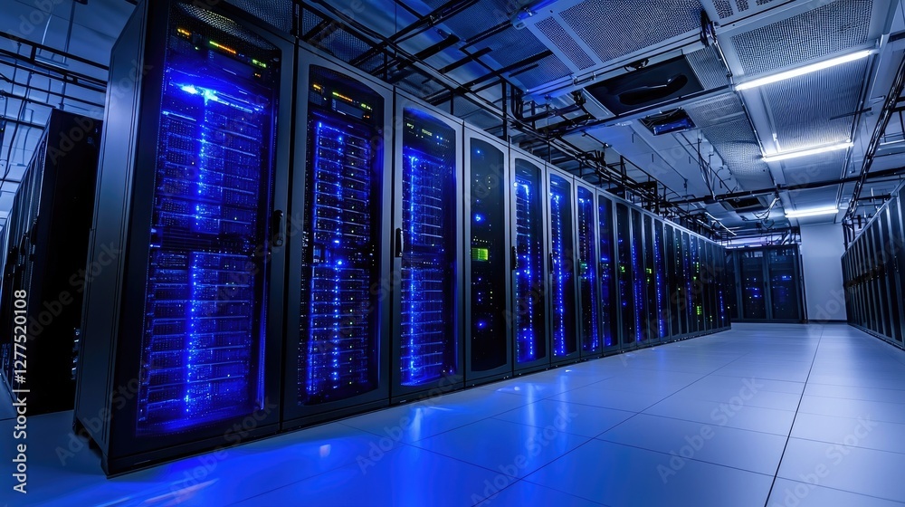Aufkleber Modern server room with glowing blue data racks, showcasing cloud computing, cybersecurity, and digital storage infrastructure. Ideal for technology and IT concepts