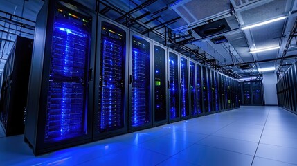 Modern server room with glowing blue data racks, showcasing cloud computing, cybersecurity, and digital storage infrastructure. Ideal for technology and IT concepts